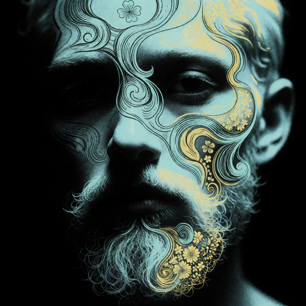 Surreal high-contrast portrait of a human face partially obscured by intricate graphic line art. The face, emerging from a stark black background, is rendered in a grainy stipple and dot-matrix halftone texture with a cool cyan and light teal tint. S