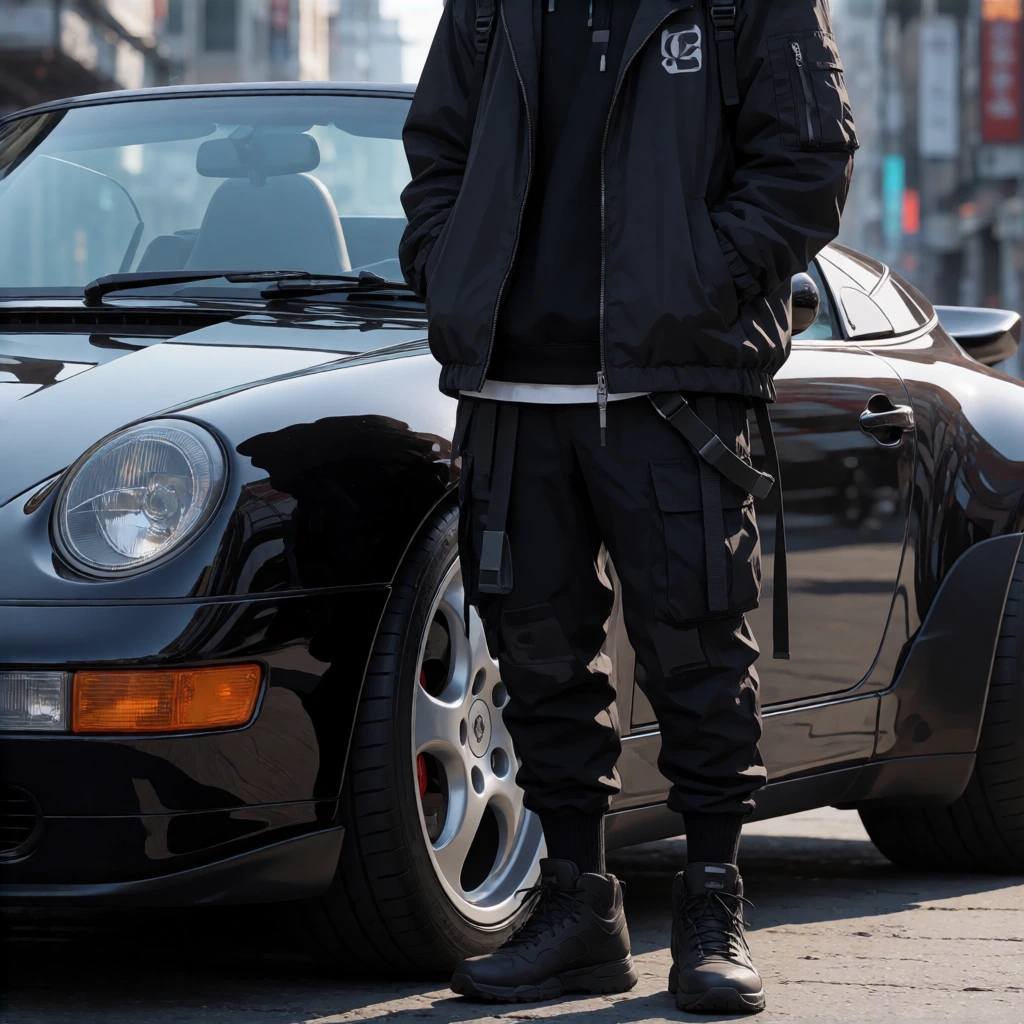 Techwear fashion <lora:Porsche 911 Speedster 1995:0.0>,asdxohnx Porsche 911 Speedster 1995,, <lora:Vroom Scenery:0.0>,asdxohnxs. scenery,realistic lighting . Futuristic, cyberpunk, urban, tactical, sleek, dark, highly detailed