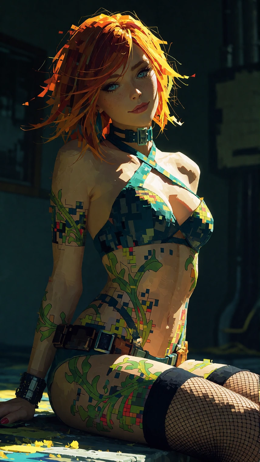 (masterpiece, best quality, absurdres), cyberpunk neon pink glitch art, "Not What I Meant" theme, final acceptance or deviation, 1girl, solo, slender, mature female, orange hair, wolfcut, messy hair glitching into static strands, blue eyes half open,