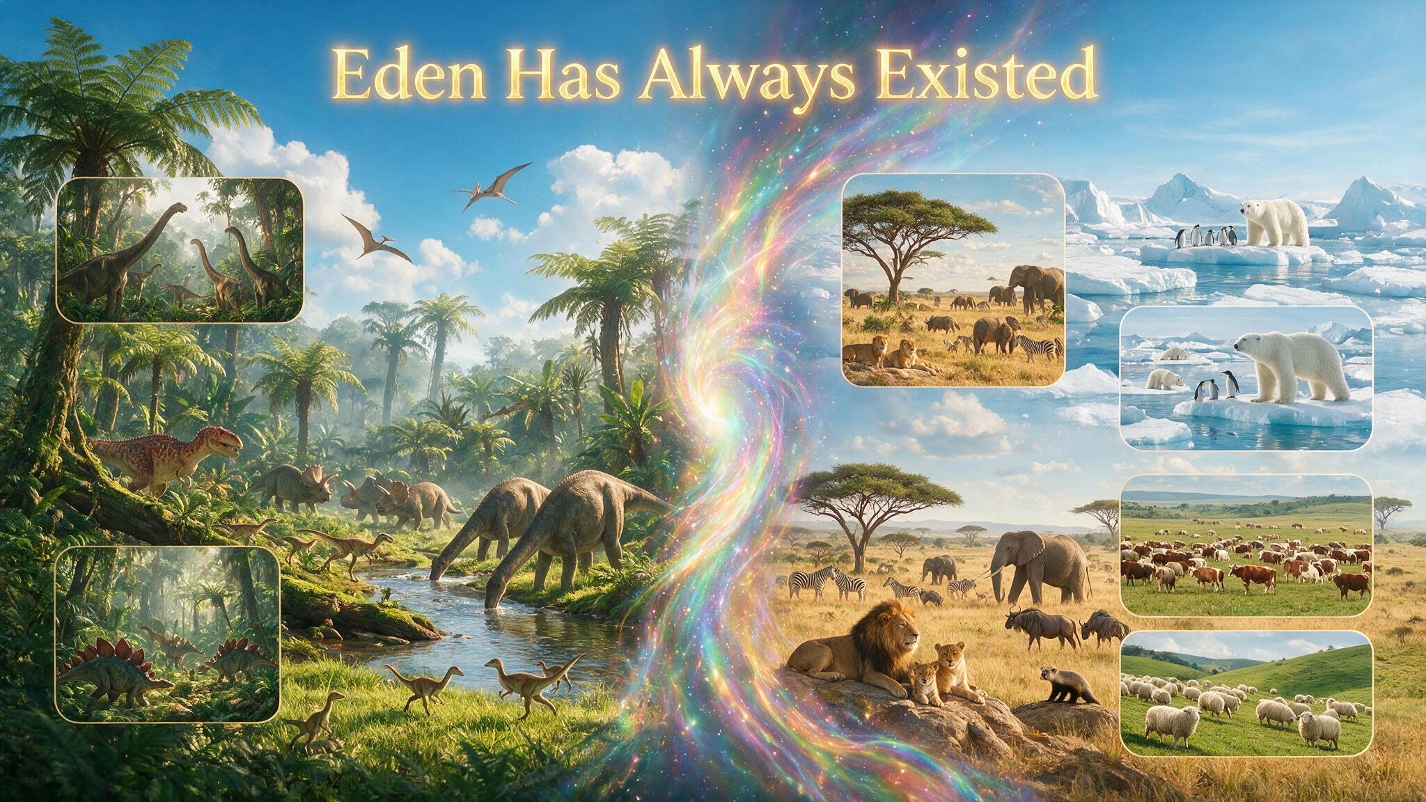 Title "Eden Has Always Existed" A split screen broken by a narrow colour spectrum vortex across time and space. A Lush Jurassic Landscape teaming with all kinds of dinosaurs living in harmony shows several smaller in shots of different dinosaur herds