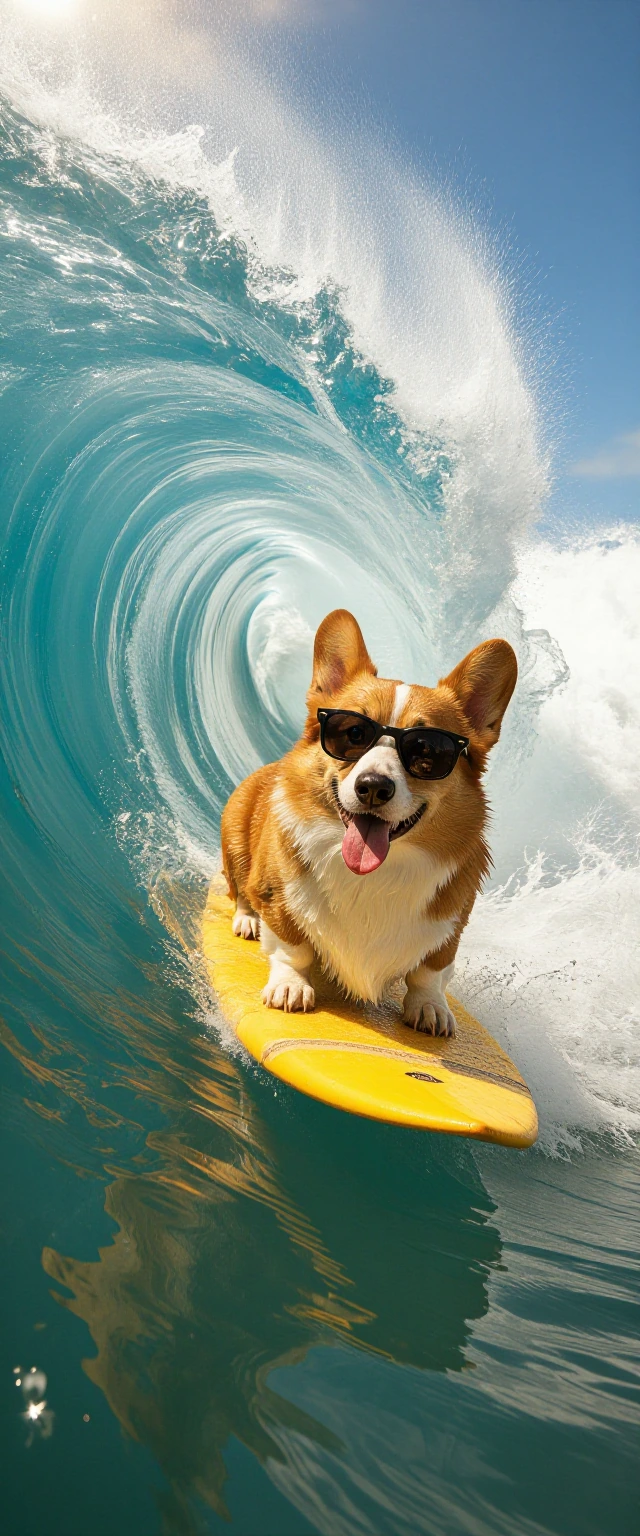 Create an action photo of an adorable corgi joyfully surfing deep inside a flawless curling turquoise barrel wave. The corgi is perfectly balanced on a bright yellow surfboard, body low, ears flapping in the wind, eyes wide and happy, tongue out with