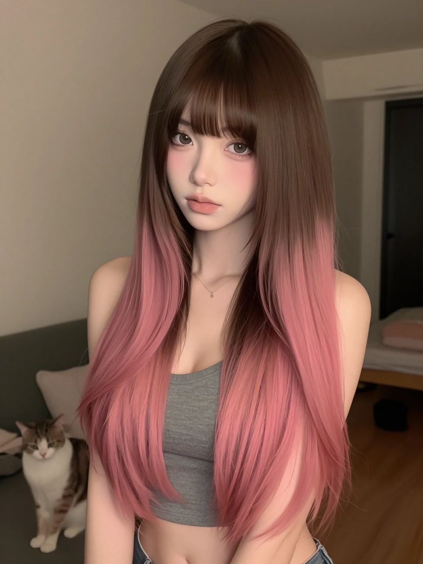 Woman, long straight, brown pink ombre hair with bangs, with a cat at home in the evening