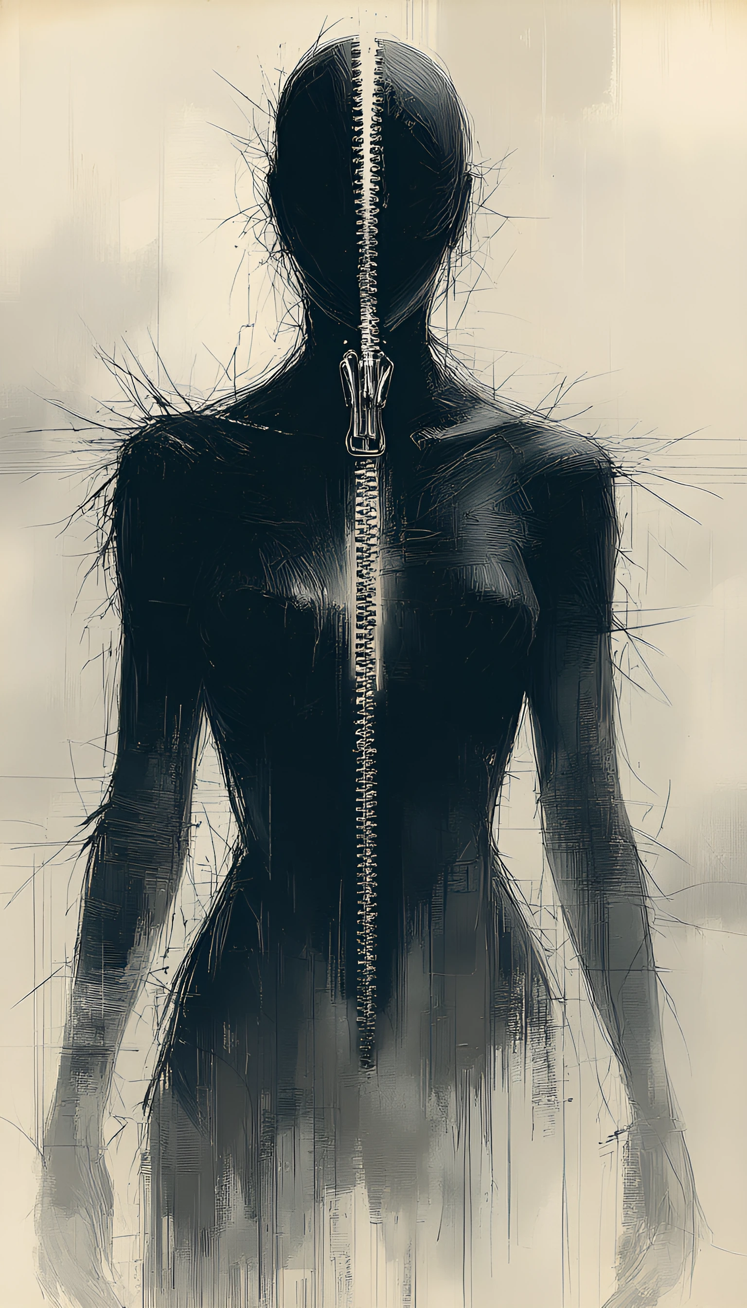 A deeply textured black and white charcoal drawing on aged, scratched paper, depicting a dark, solitary humanoid silhouette from the waist up, viewed from behind. The figure is solid black and featureless, with a small, barely visible heart-shaped mo
