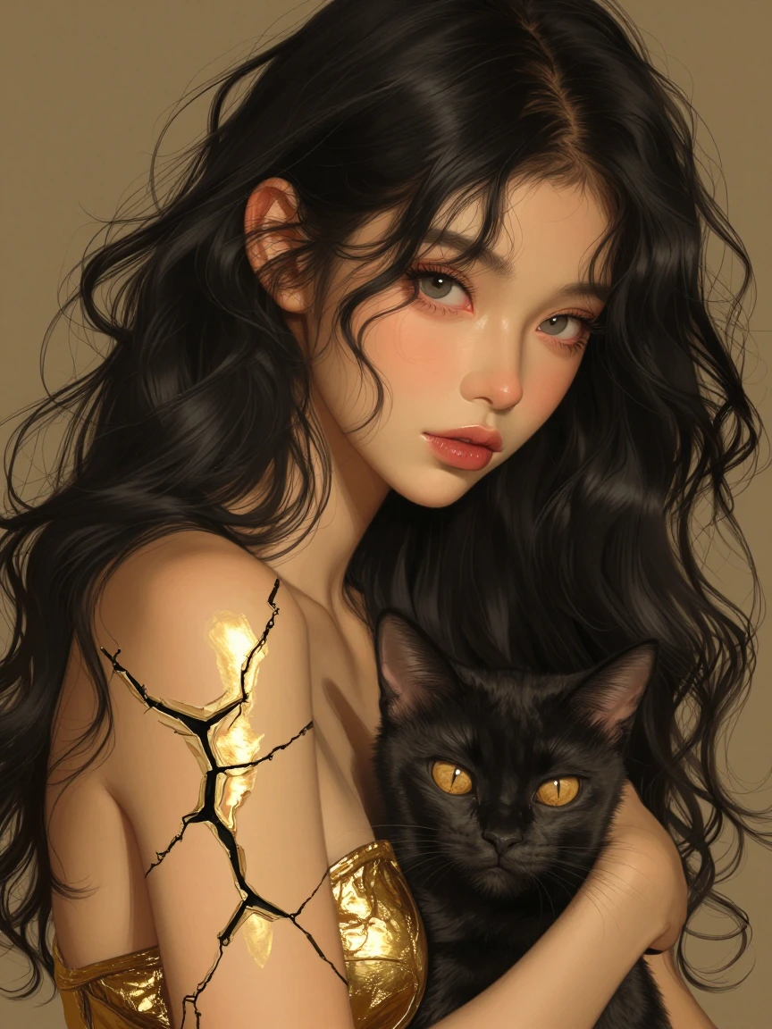 Beautiful woman with her cat, gold black fractured cracked radiance