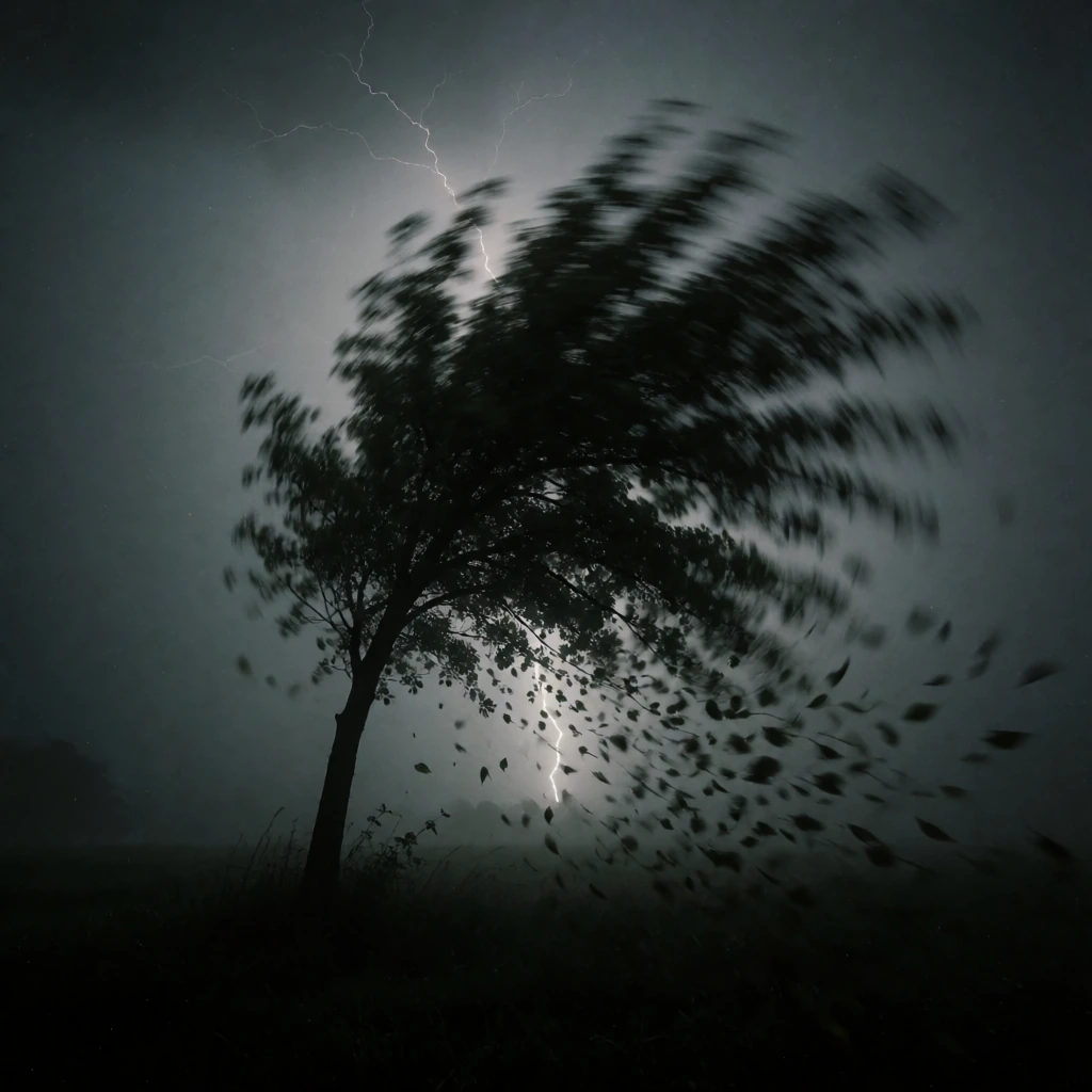 A solitary tree bending dramatically in violent wind, captured mid-motion using a fast shutter speed that freezes individual leaves mid-flight in sharp detail, creating a radial spray pattern around the trunk. The tree's canopy becomes an explosive b