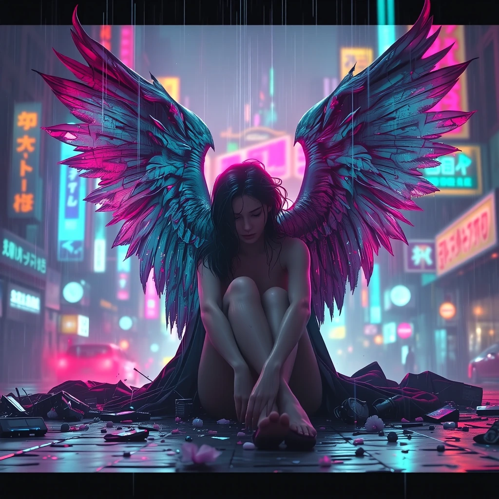 A broken Angel, sitting head down surrounded by her broken wings