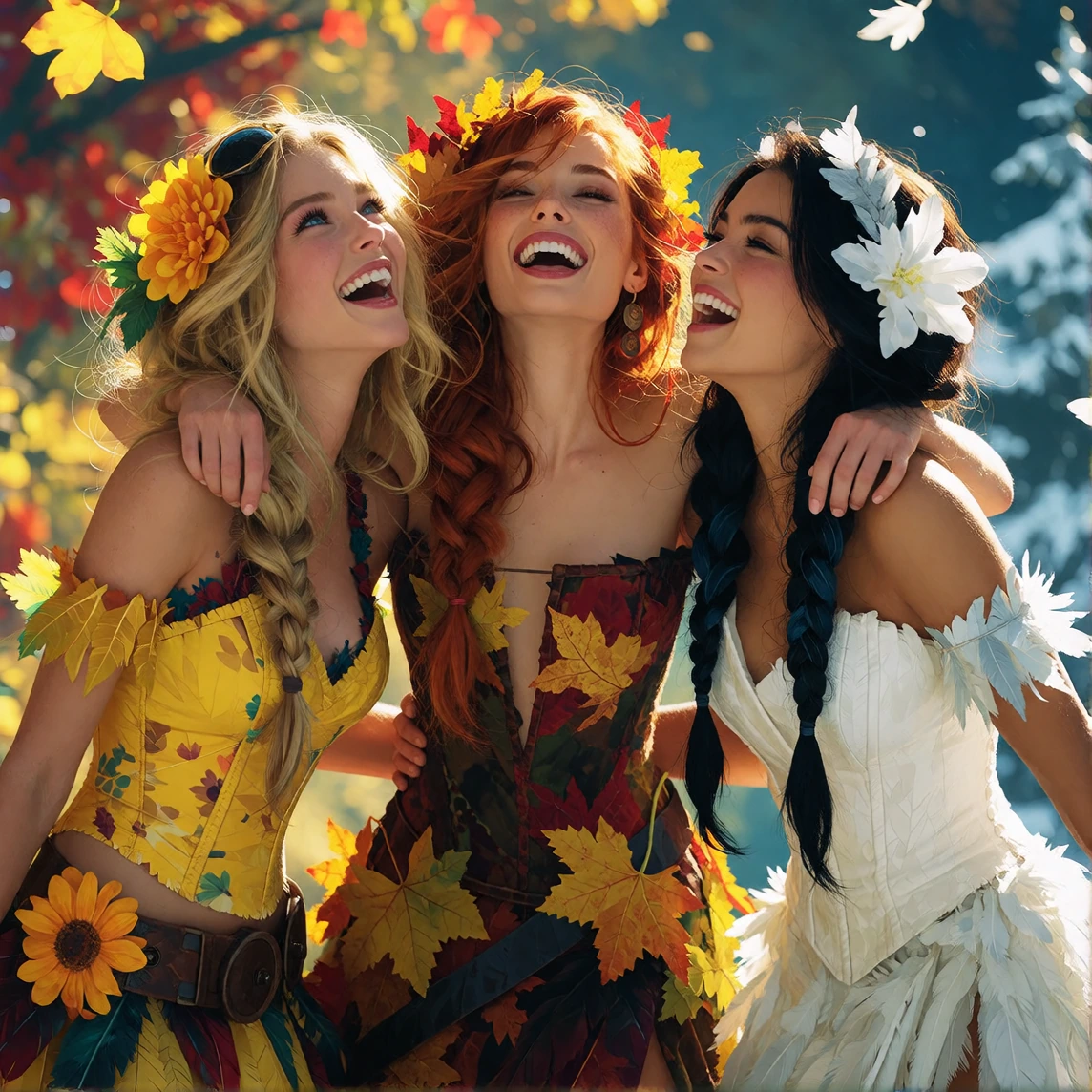 Title: "Autumn meets Summer & Winter" An image of three young women arms around each other laughing joyfully at their company. The left-hand woman is symbolises Summer, blonde hair blue eyes, she is dressed for a summer party. Autumn is in the centre