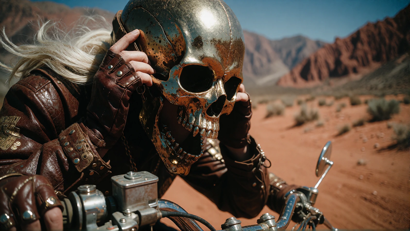 With deliberate motion, the blonde adjusts the golden skull helmet onto her head, fingers tightening the strap beneath her chin. The motorcycle leans into a turn as she begins moving, kicking up dust that swirls in the amber light, camera panning rig