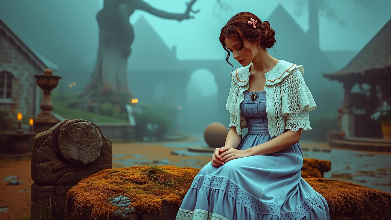 A woman in dusty lilac-blue cottagecore dress with square neckline and A-line skirt trimmed in ivory lace, wearing a cropped ivory crochet capelet with layered ruffle collar and blush pink ribbon bow, sits on a mossy stone in a fog-shrouded garden at