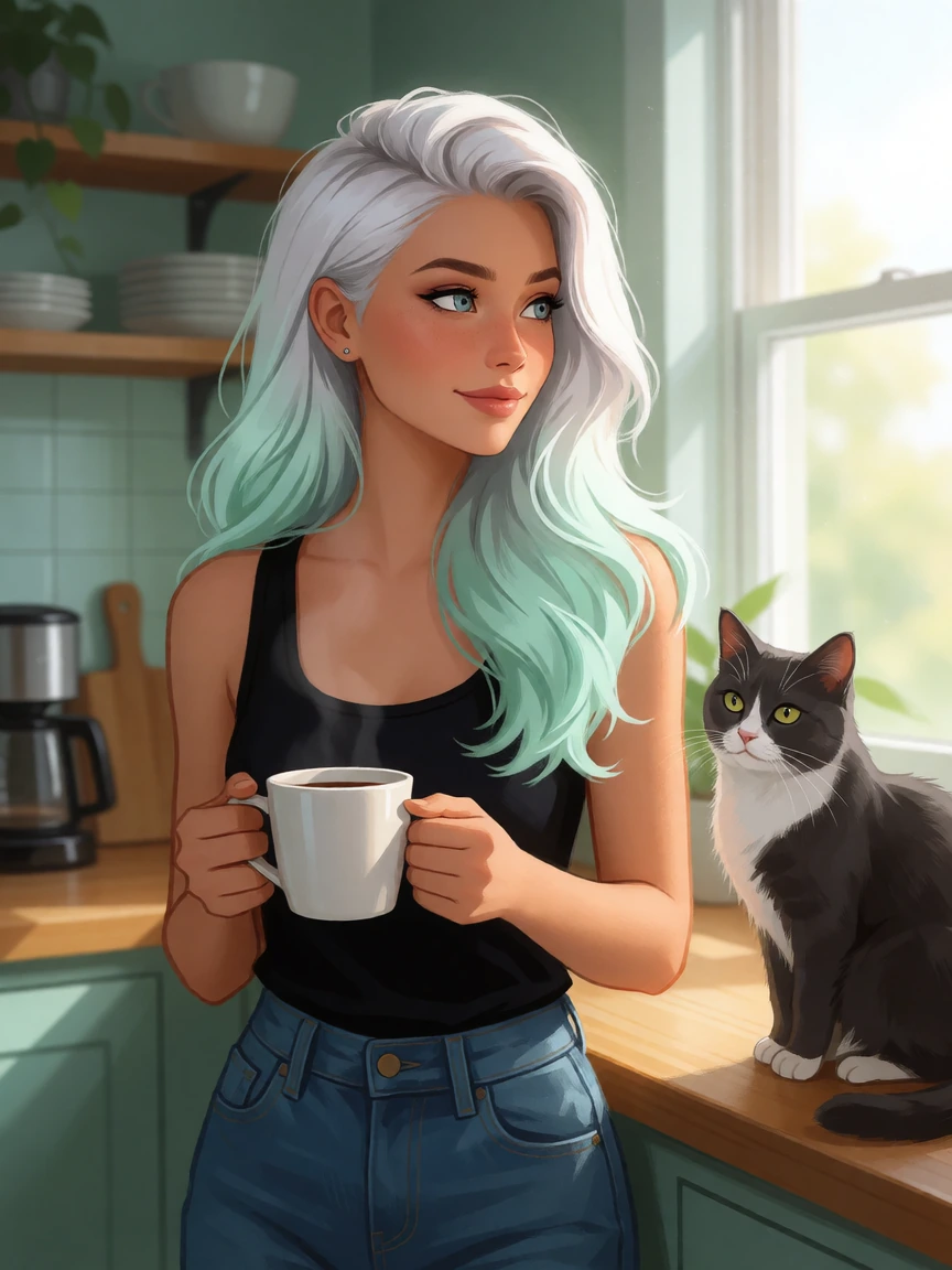 Beautiful woman, platinum mint ombre hair in the kitchen with her cat, getting coffee and looking out the window