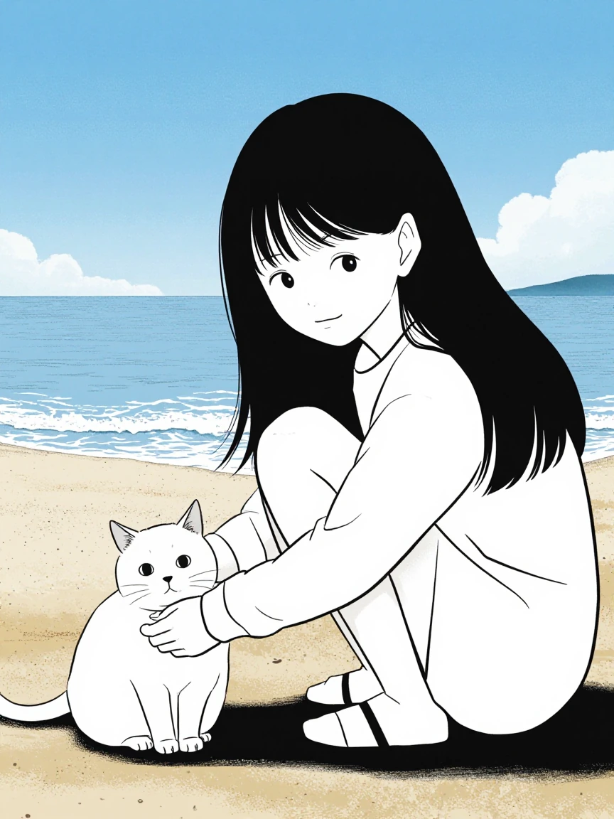 Girl with her cat at the beach. Kawaii themed