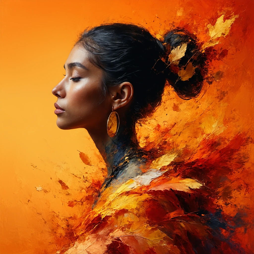 Tachism portrait of a dark-haired woman with tanned skin in a severe high ponytail, wearing amber hoops and a matching pendant, draped in a feather cl