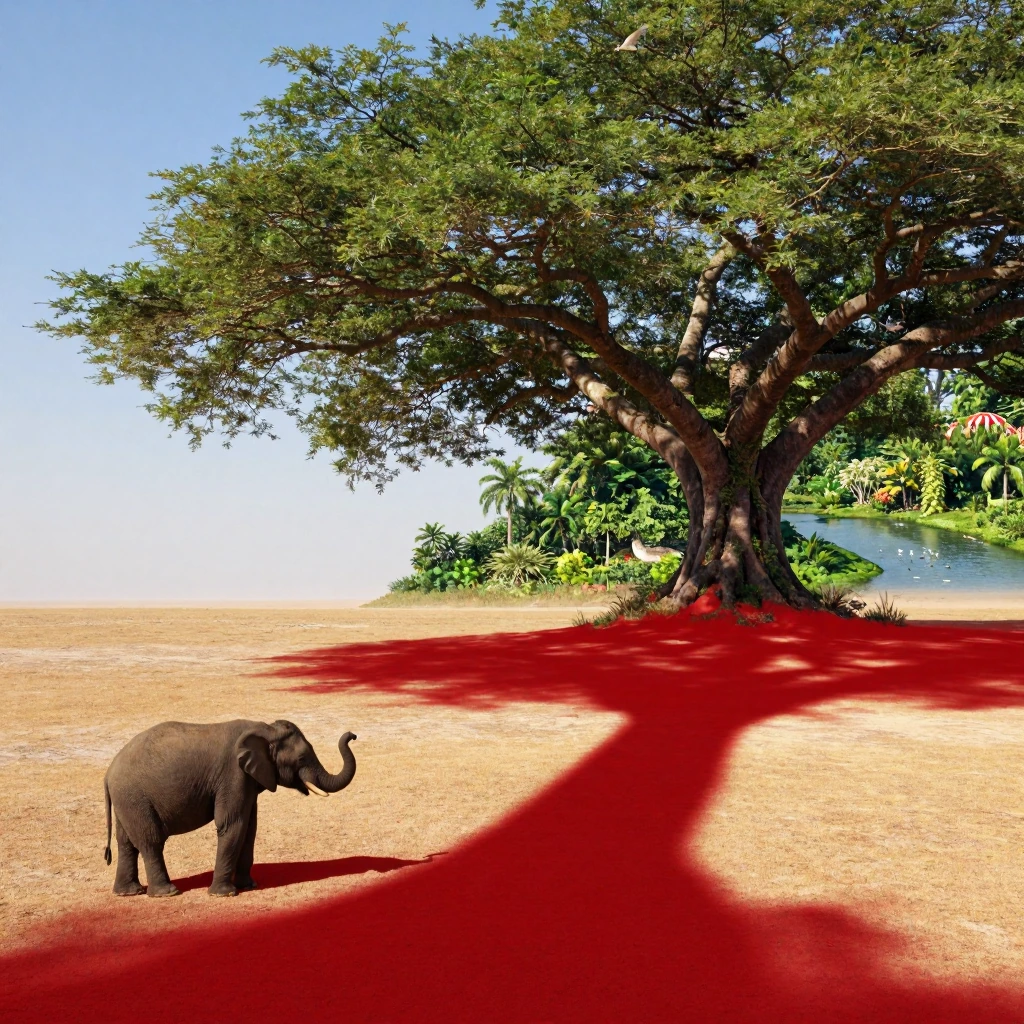 A small elephant stands in a flat open plain, but its red shadow reveals a massive, hyper-detailed jungle with trees, rivers, and birds moving inside the shadow itself. The real world is minimal, the shadow is alive. Warm sunlight, high contrast.