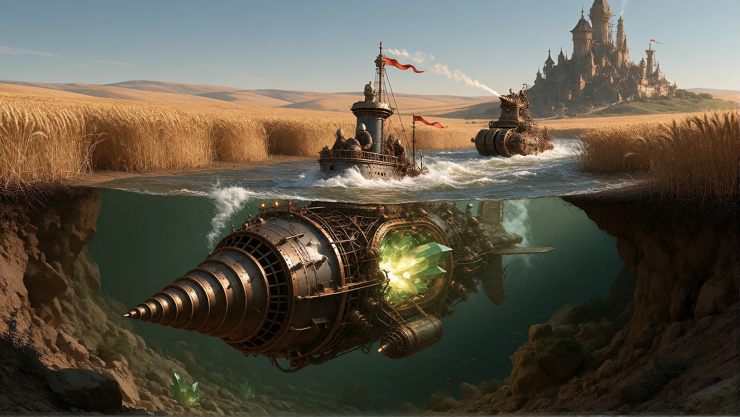 a submarine surfacing in a wheat field: Rat-Human hybrid Rat-men pilot a steampunk submersible fitted with a drill on the front section, the submersible is powered by glowing green crystals, the Rat-Men piloted their vessel up an underground river be