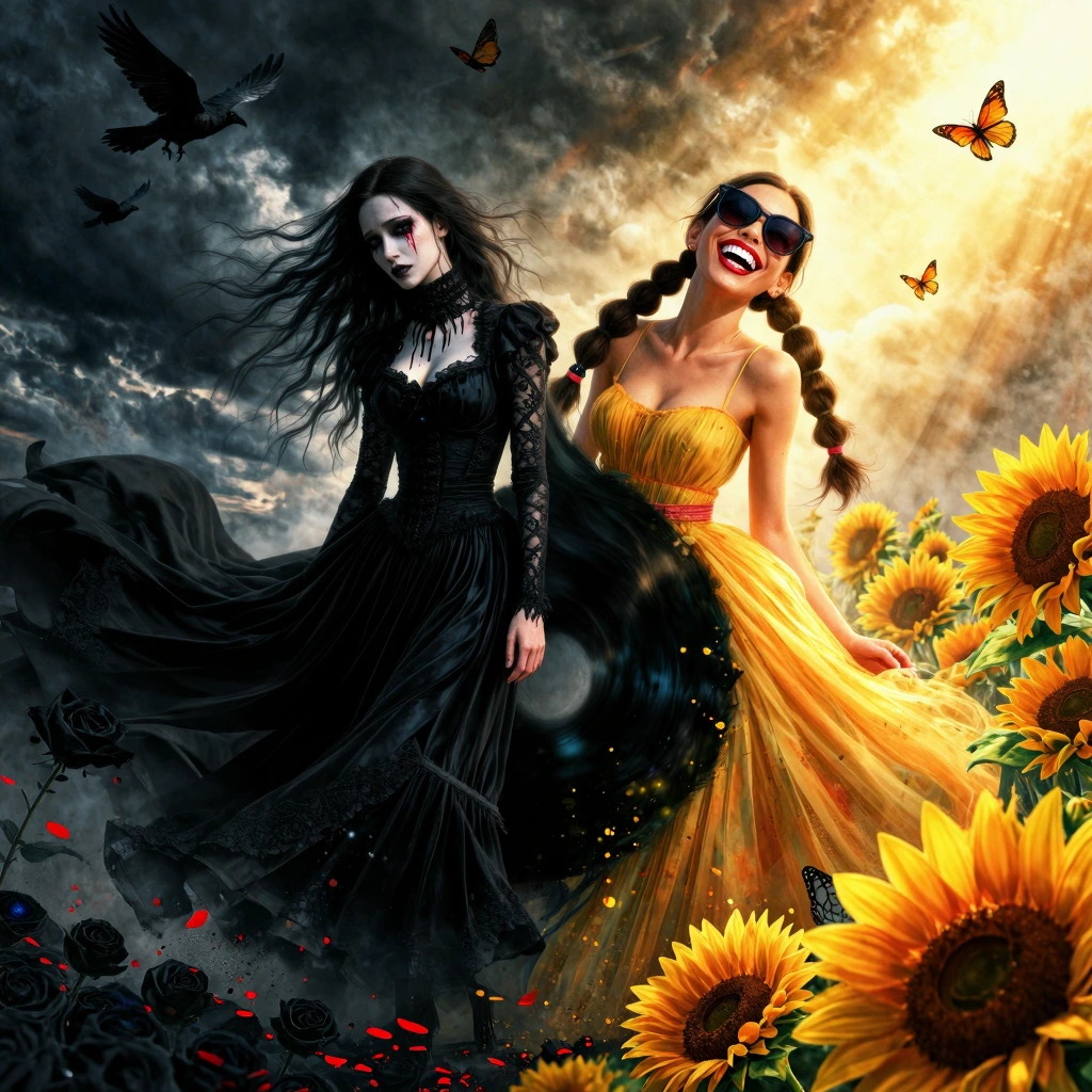 A dramatic full-body Yin-Yang composition symbolizing the contrast of human emotions. The left side features a gothic brunette woman dressed in flowin