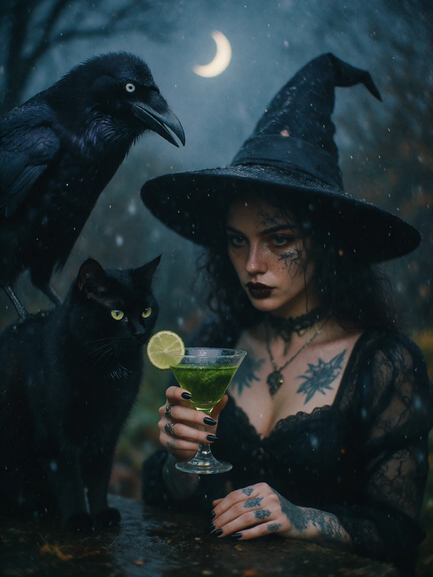 Drink the green poison. Beneath the raven’s lifeless gaze, Your soul is at its mercy. 💀🍸🌒 beautiful witch with her cat