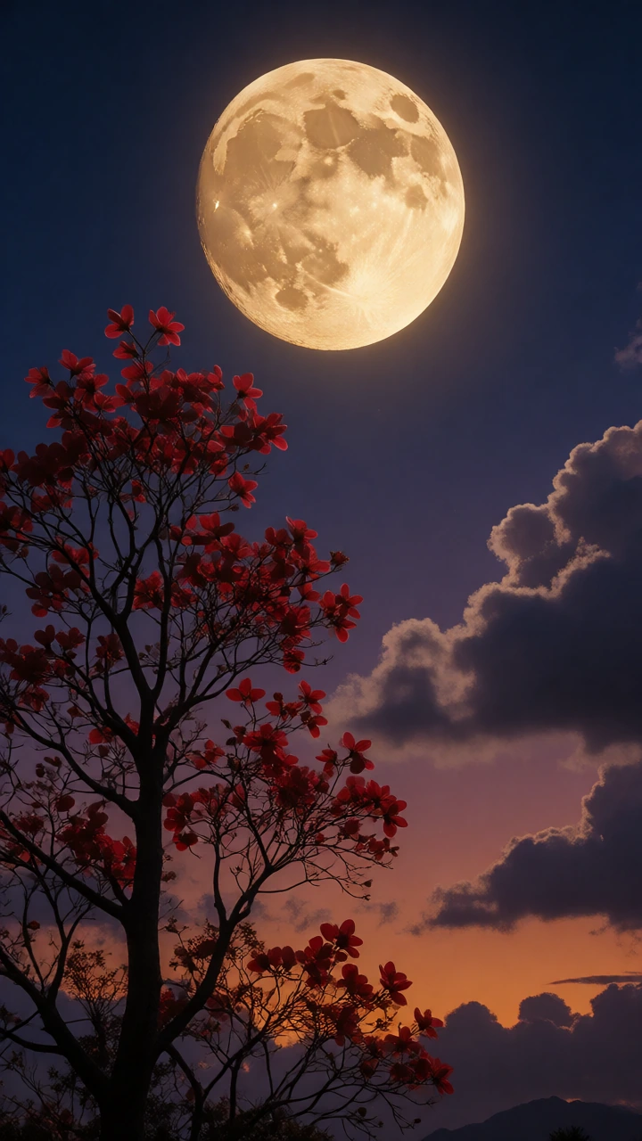 Una escena nocturna etérea y mística: una luna llena enorme y luminosa domina la parte superior del encuadre con un resplandor cálido dorado; en primer plano, la silueta de un árbol con ramas finas cubiertas de flores rojas vibrantes, alto contraste