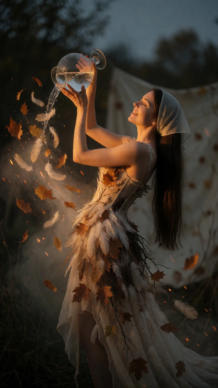 Cinematic editorial fashion photograph, vertical 4:5, adult woman, golden hour. Long straight dark-brown hair with translucent white headscarf. Feathe