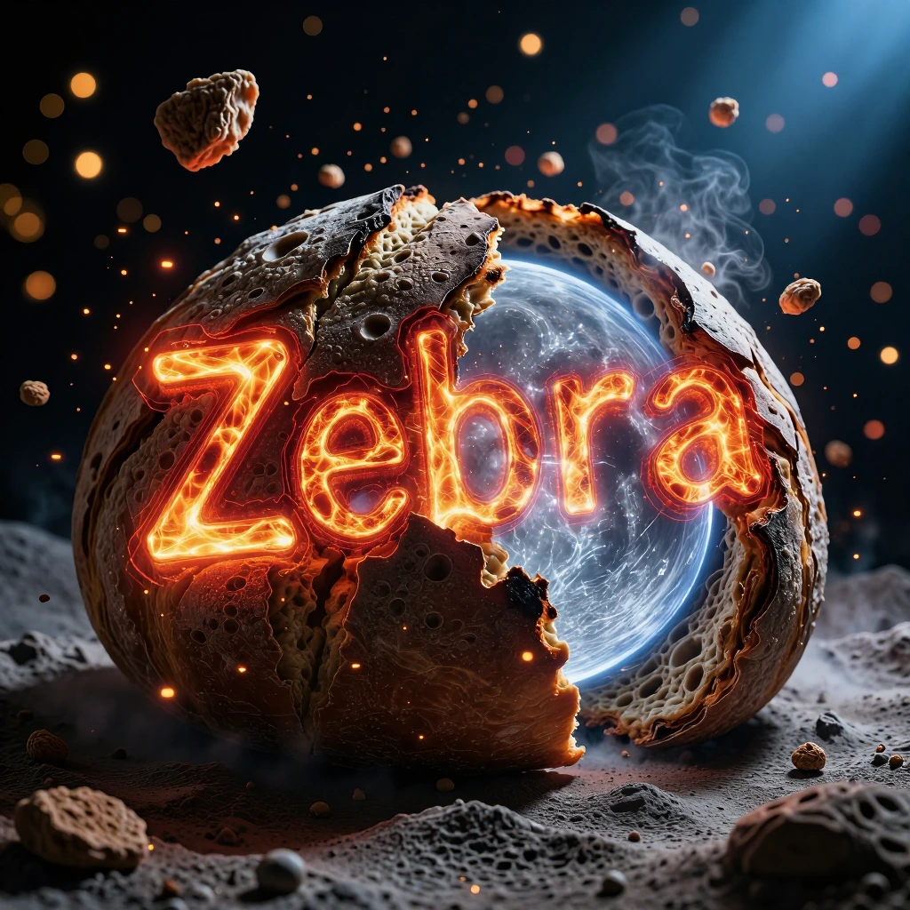 A massive, primitive artisanal bread loaf that seamlessly merges with the surface of the moon. The crust is a deep goldenbrown with an extremely crispy, flaky texture, but it is fractured by lunar geological fissures. Instead of steam, a pure, cold, 