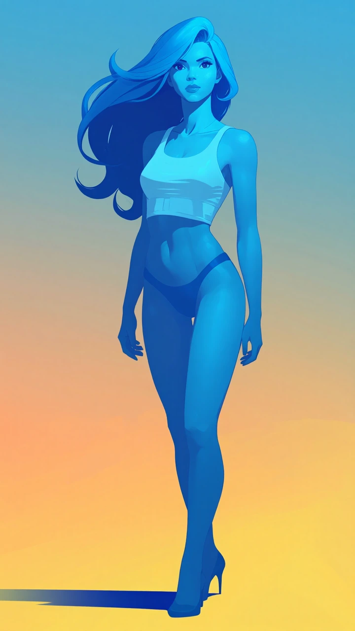 Masterpiece, original character, blue egamer woman, stylized illustration, original character, full body of a woman around 25 years old,