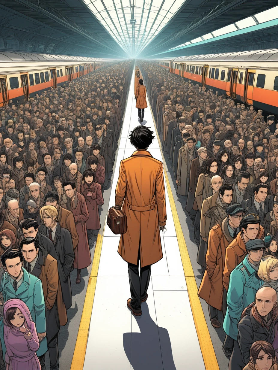 A crowd of men standing at the trainstation waiting for the train to arrive, all wearing the same clothes, black pants, clear brownish long coat, suit
