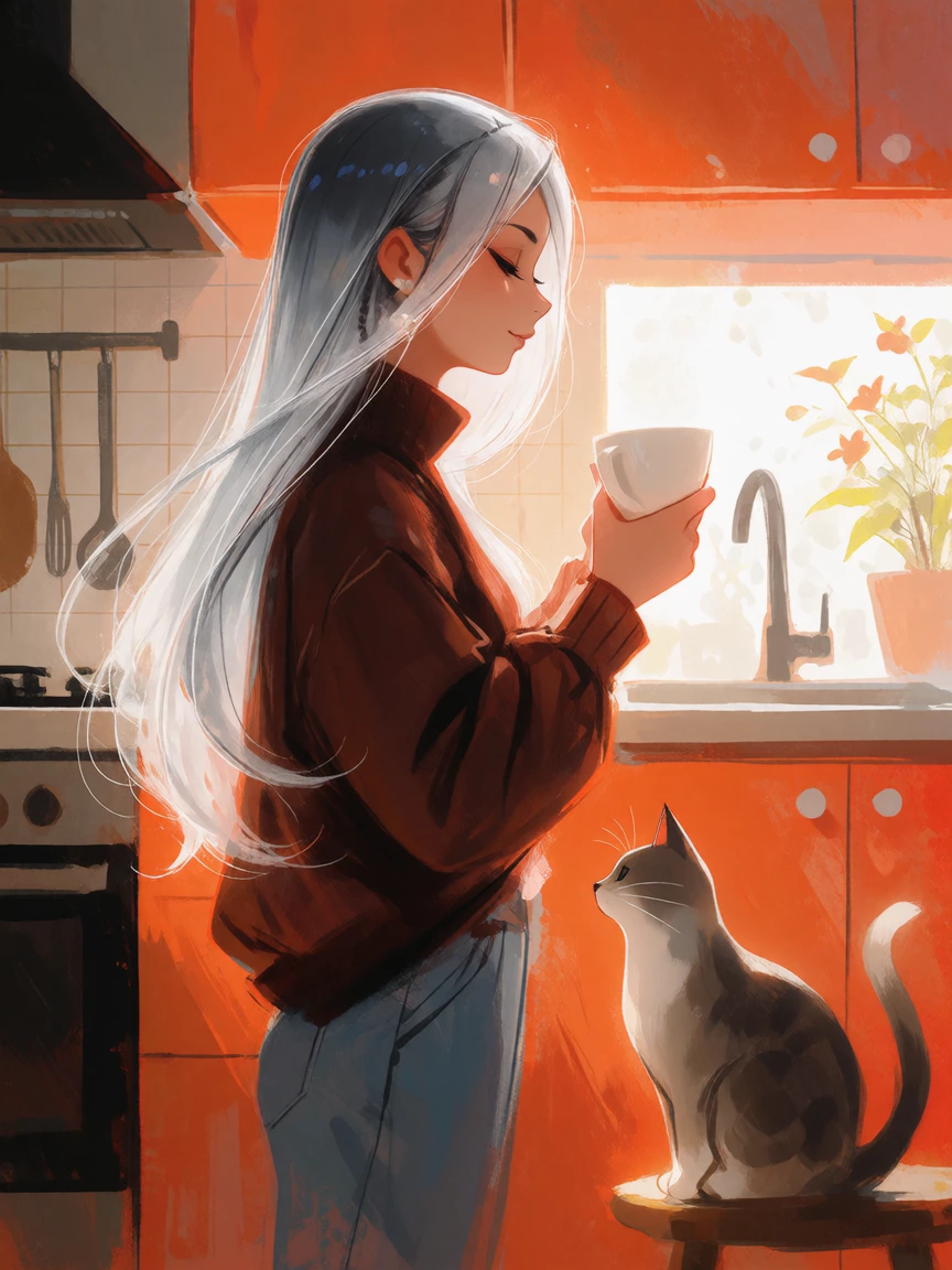 Crazy, beautiful morning scene, woman, silver, brown, ombre hair with her cat, orange kitchen, morning, light, coffee