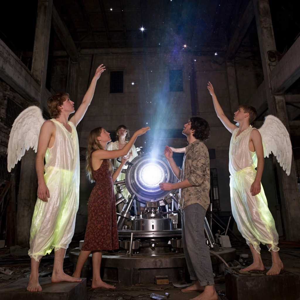 Angel-headed hipsters burning for the ancient heavenly connection to the starry dynamo in the machine. Ethereal, transcendent imagery with celestial light, cosmic energy flowing through urban decay and spiritual fervor, dreamy surreal atmosphere, lum