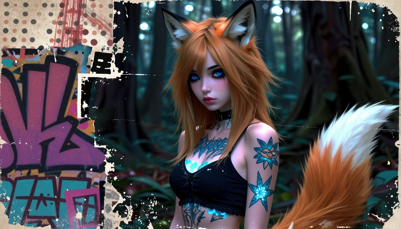 Beautiful goth woman, bright blue eyes, fox ears, and fox tail,realistic manga style photograph mixture, bright glowing tattoos, airbrushed, mystical forest, Jean cut off and cropped top.