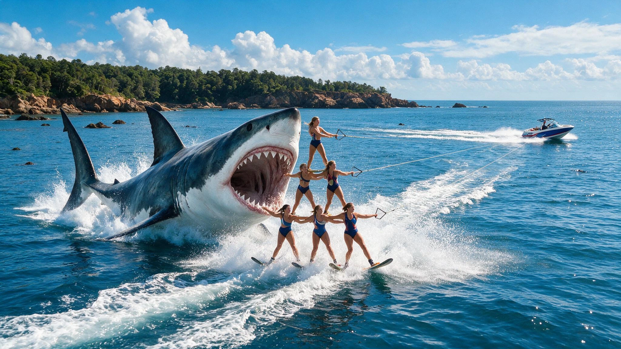 #Sharkweek Great White Encounter; A Female Water Ski Team perform a pyramid as a truly gigantic Great White Shark pursues them with it's mouth open ready to swallow one of the Skiers whole!
