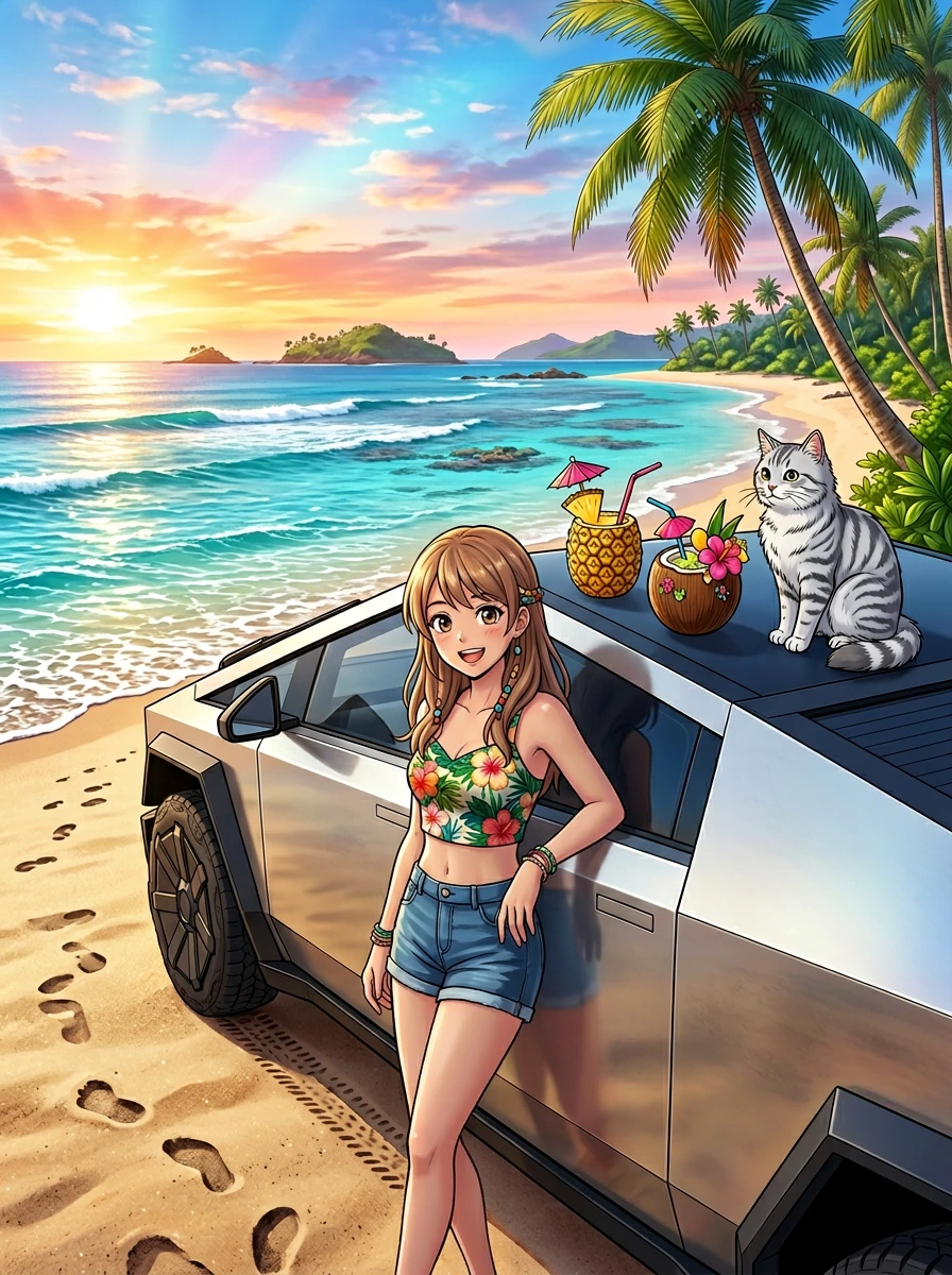 Realistic, but mix anime plus photography styles, add a little 3-D but barely 3-D A woman is standing besidea cybertruck. She is parked on the beach in Fiji. Her silver cat is on the roof of the car. We see fancy drinks on the car. Tropical fun image