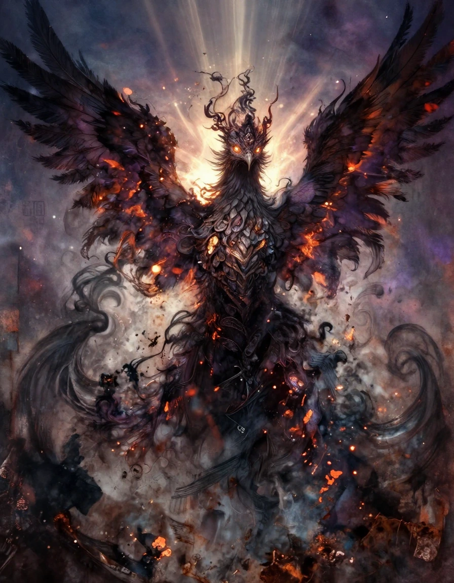 A majestic phoenix rising from ethereal shadows, wings spanning impossibly wide with feathers of deep obsidian black and midnight purple, edges glowing with molten amber and crimson fire, piercing golden eyes blazing with ancient wisdom, body wreathe