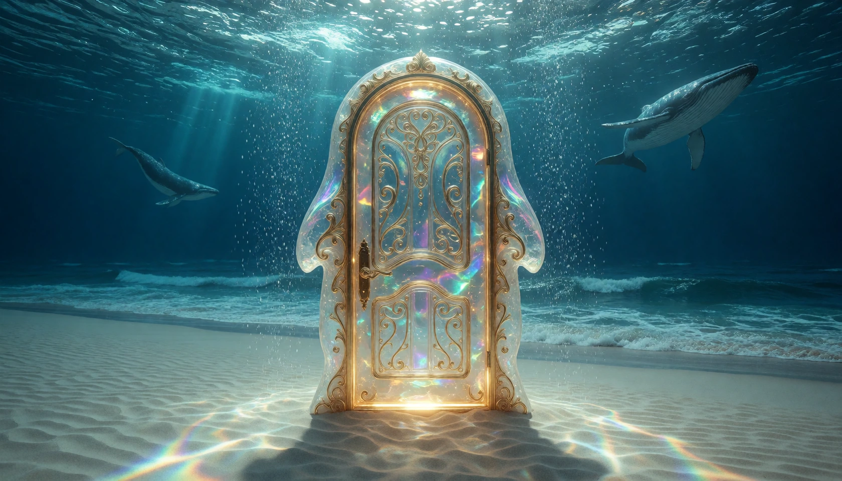 An ornate freestanding door standing alone on a pale sand beach beneath a surreal ocean suspended in the sky, the door carved from translucent iridesc