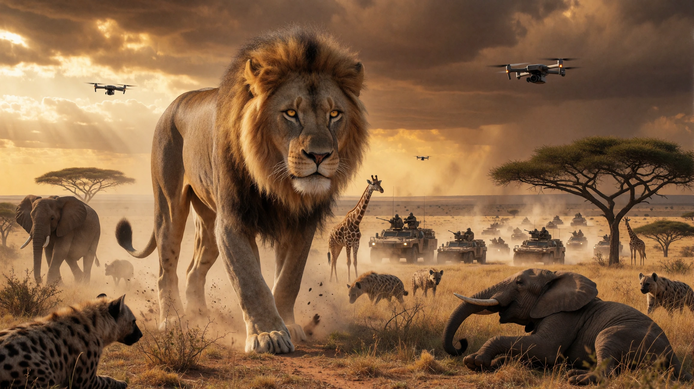 A colossal lion, ten times larger than its normal counterparts, stalks with primal intensity across the sunbaked African savannah, its towering silhouette casting shadows over cowering elephants, giraffes, and hyenas beneath stormy amber skies. In th