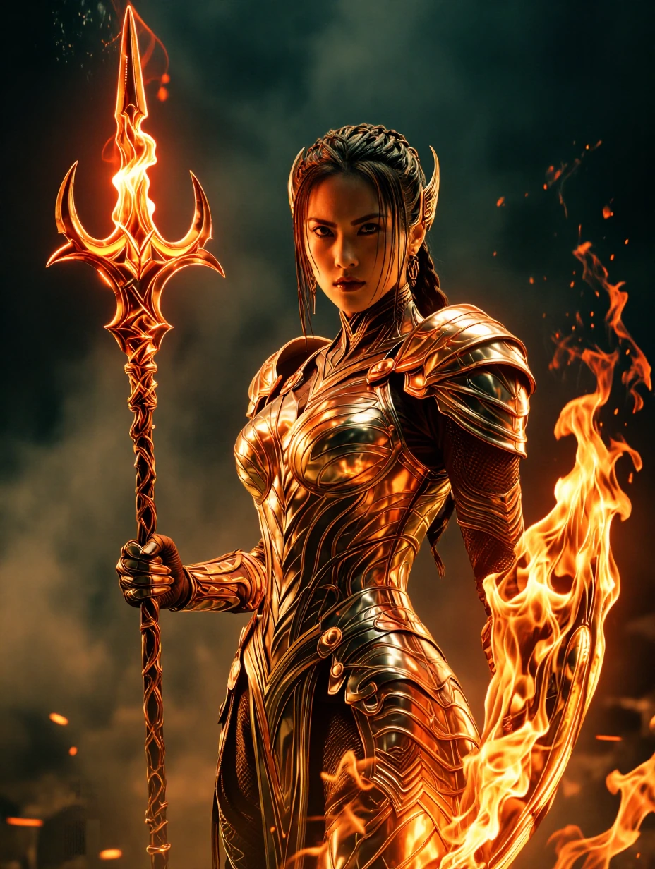 Warrior Queen with liquid fire form-fitting armour, hair tied in a fighting braid, holding a flaming spear and a liquid fire shield