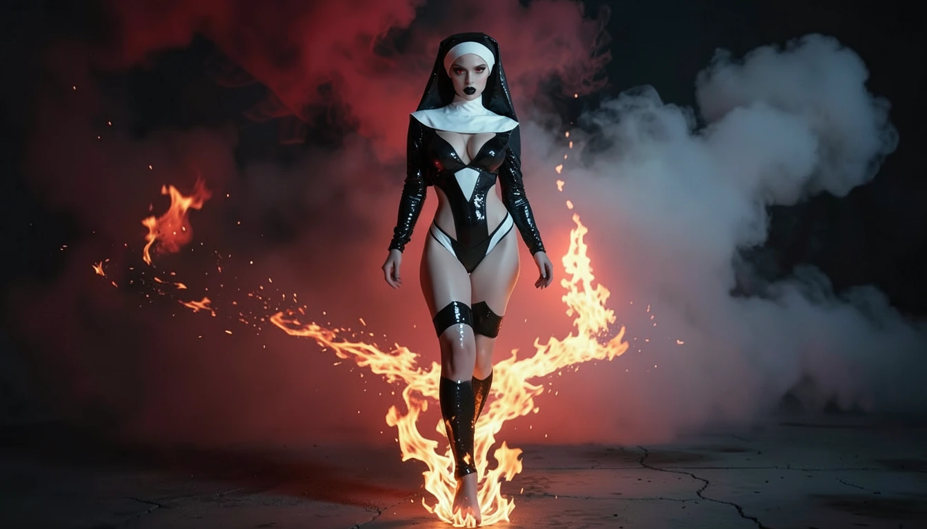 Please expand the field of view to show the flaming footsteps and trail of fire that stretch out behind the nun. Vivacious pale-skinned woman with big cleavage, small waist, striking red eyes, Glossy Black lips, wearing a tight shimmering sequinned B