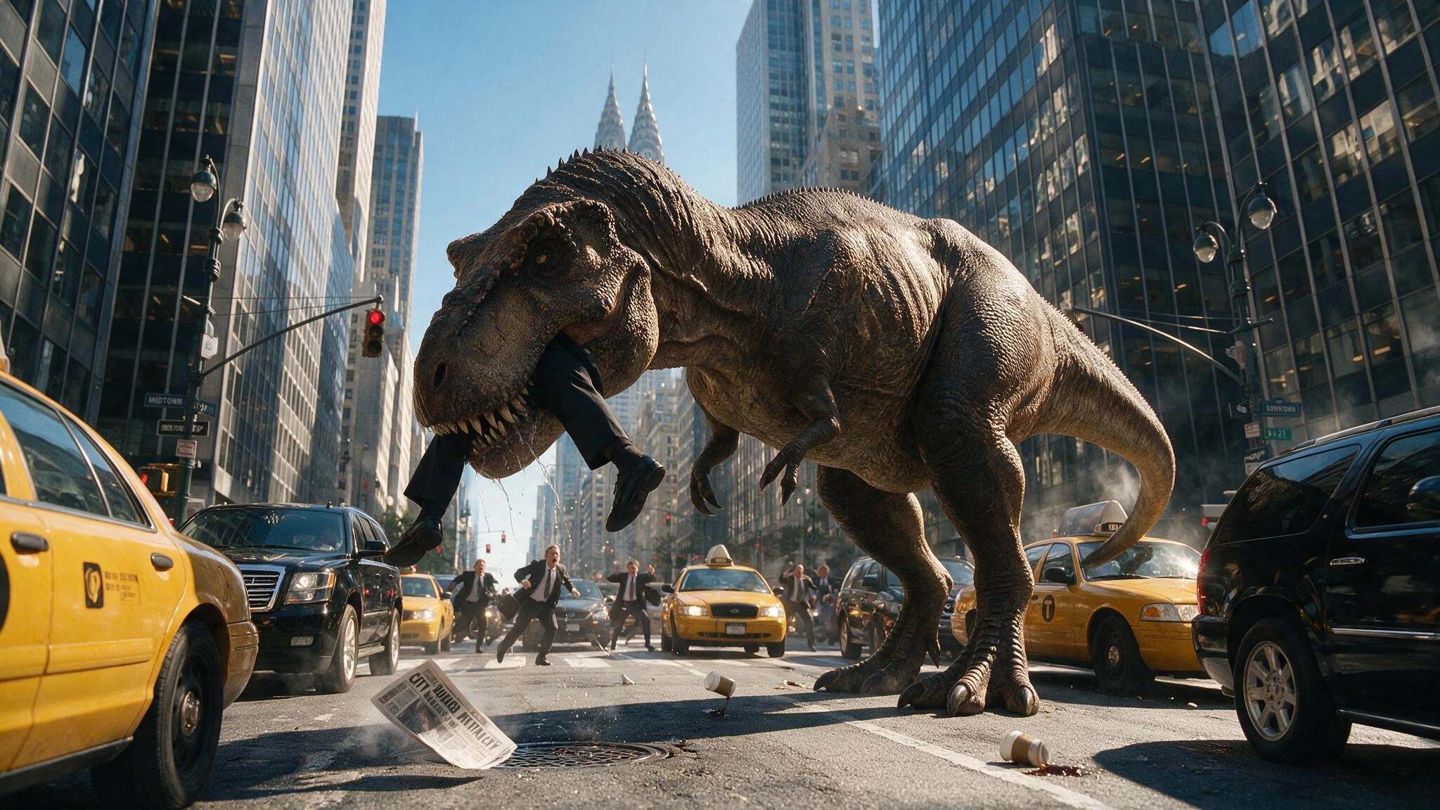 Capture a colossal photorealistic Tyrannosaurus Rex hunched low in the middle of a sun-drenched Manhattan avenue, its massive jaws clamped around a businessman swallowed head-first, only his legs visible: black dress pants and polished black leather 