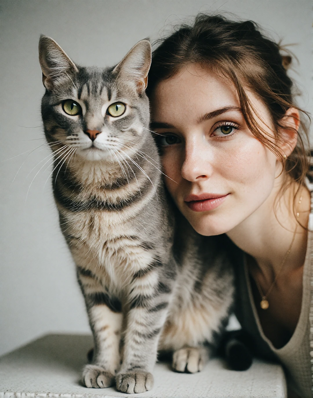 full-body studio reference of a real cat, standing, neutral mid-gray seamless backdrop, soft even diffused lighting, photoreal, sharp detail, every marking clearly visible, no collar, no accessories" Portrait reference of a woman in her early 30s, wa