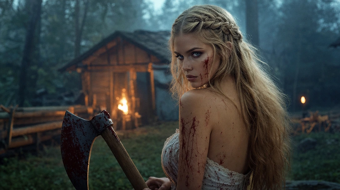 Young blonde, blue eyed, supermodel with glowing flawless skin, professional makeup and elaborately styled waterfall braid hair. She is an AXE MURDERER!