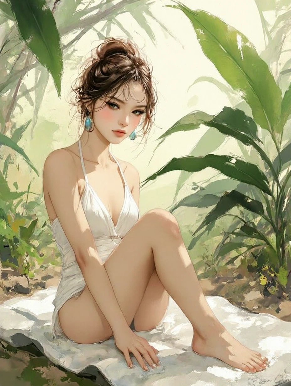 (flat color:1.5), (no lineart:1.5), (semi-realistic:2), (artist:Incase:0), (artist:Tsuaii:0), 1woman, solo, adult, brown hair, ponytail, bangs, wavy hair, brown eyes, earrings, tan skin, white swimsuit, sitting, leaning back, one leg raised, hand on