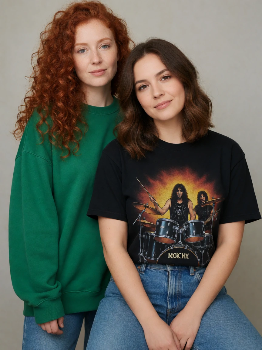 A woman with long curly red hair with another woman with shoulder length brown hair. Both are wearing blue jeans. The woman with brown hair is wearing a black T-shirt with a metal rock band on it. The redhead is wearing an oversized green sweatshirt.