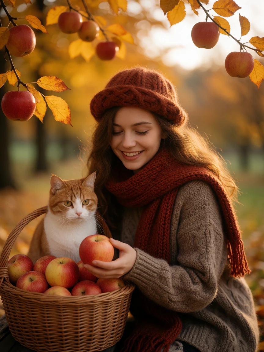 autumn themed woman and her cat, picking apples, photorealistic kodak