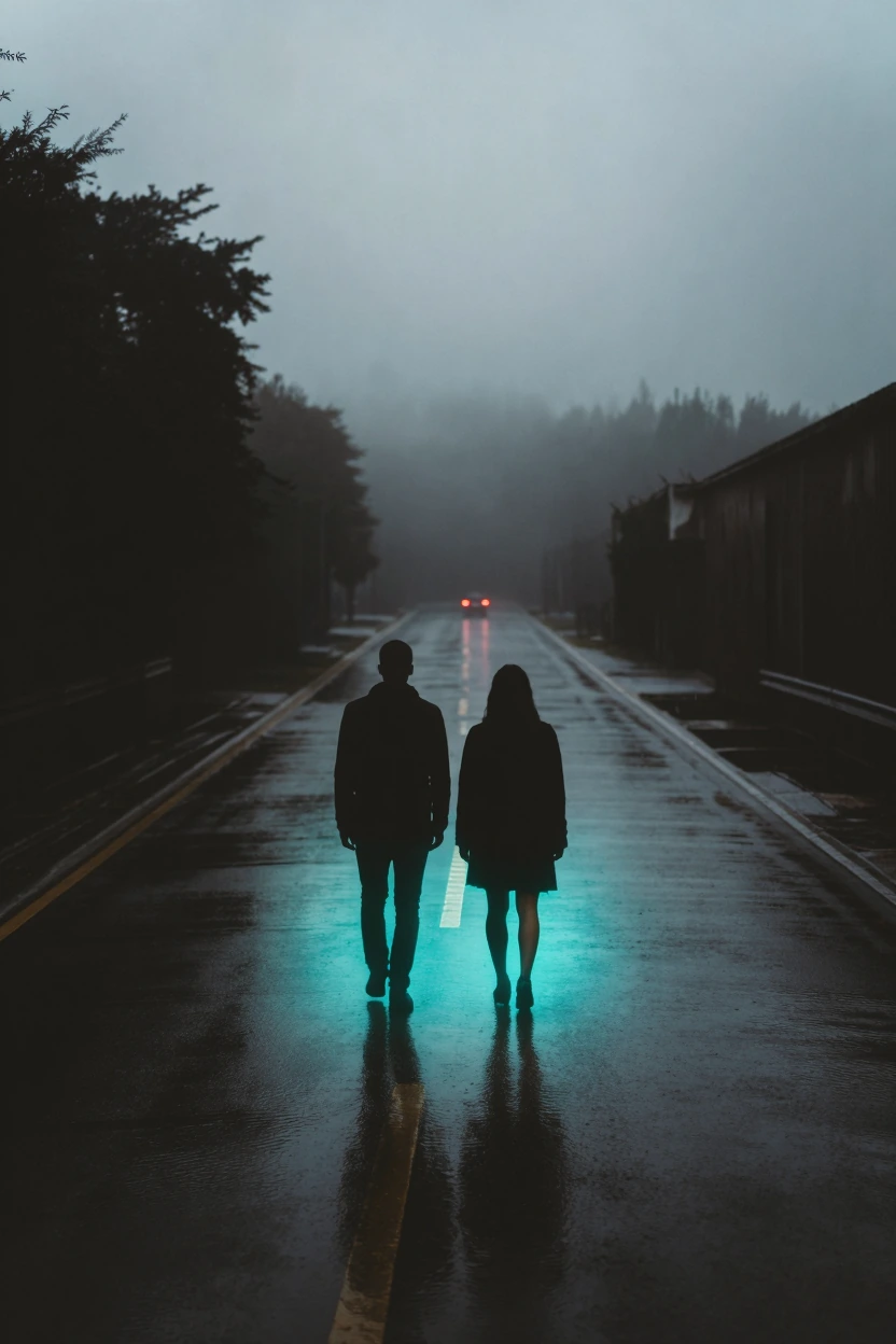 Two silhouettes hand in hand on rain-slicked asphalt at night, overexposed into cyan halos that bleed into the wet road below. Distant red taillights dissolve into fog. VHS aesthetic: heavy grain, color drift, crushed blacks, neon cyan against desatu