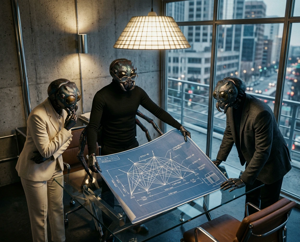 A humanoid spider in tailored black turtleneck and wire-rimmed glasses stands at a sleek glass drafting table, unfurling a blueprint of an intricate geometric spiderweb rendered as architectural plans with precise measurements and load-bearing annota