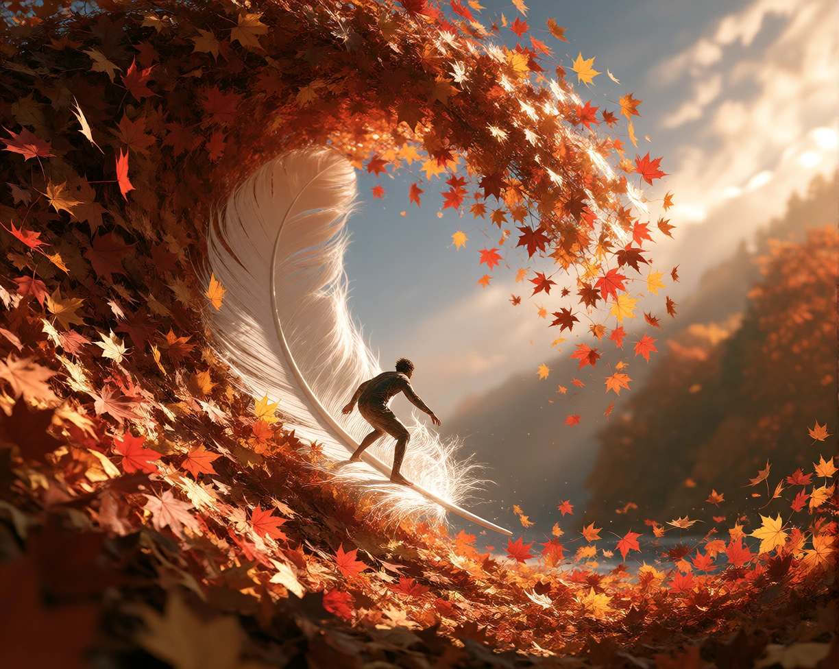 A surreal, cinematic scene of a lone surfer standing confidently on a single enormous white feather, using it like a surfboard while riding a powerful