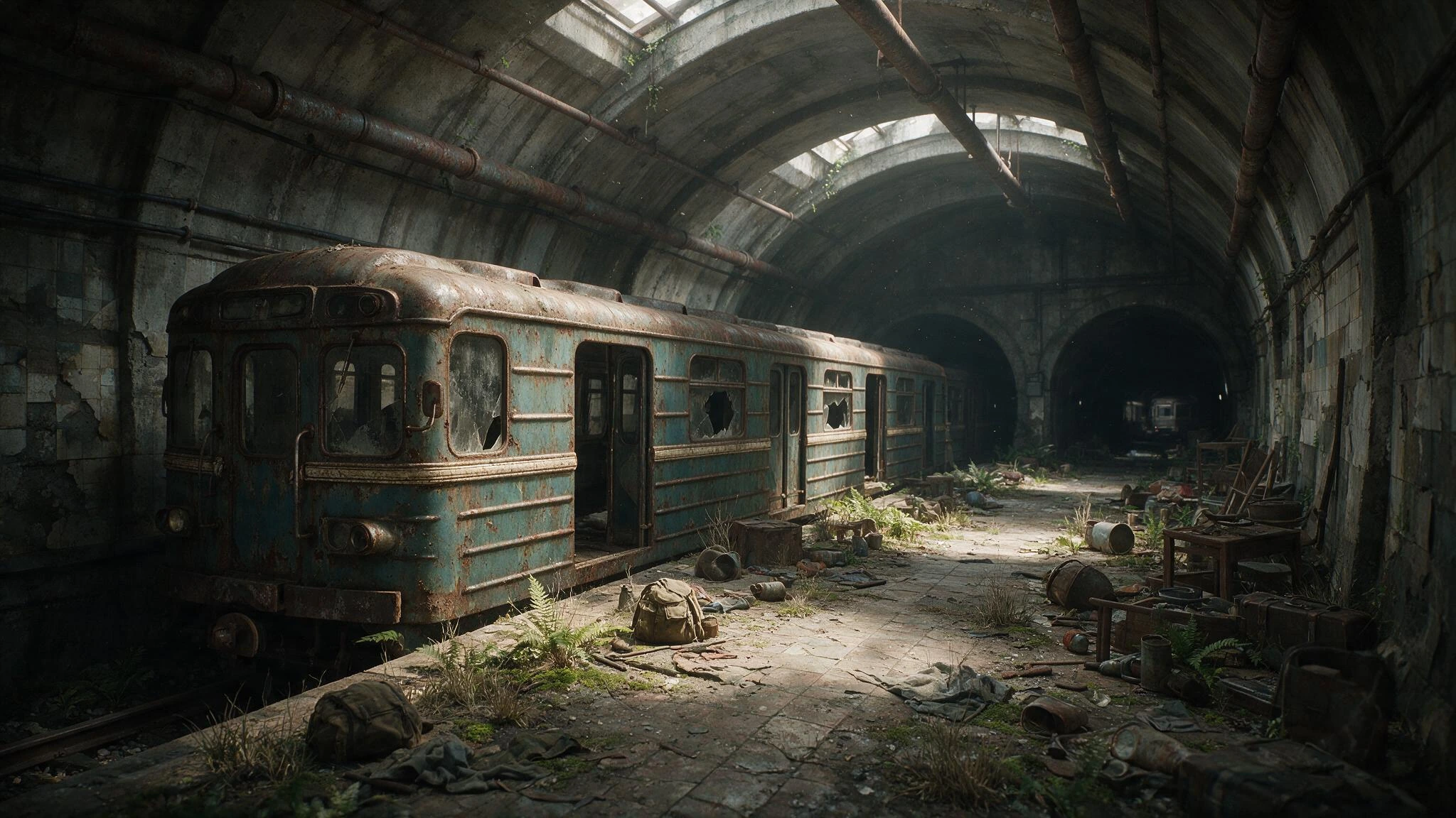 the quiet after the last train; The world ended in a nuclear war. An underground train station served as a last refuge for some poor souls until they succumbed. The image is ten years after the nuclear war.