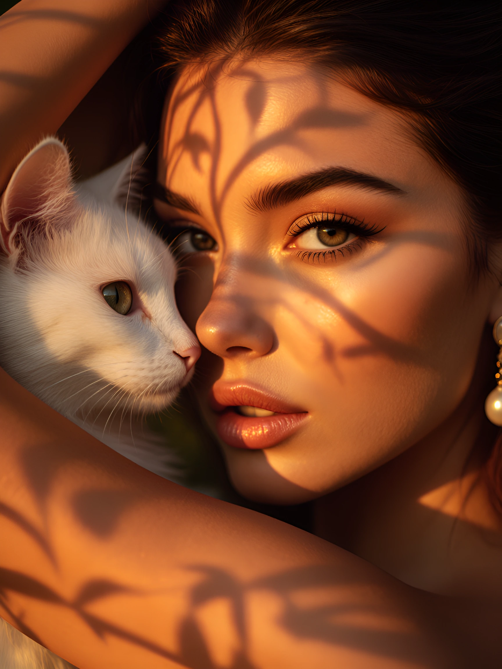 Ultra-close-up cinematic beauty portrait of a young woman with a fluffy white cat, during golden hour sunset, framed tightly around the face. Warm amber sunlight illuminates the skin with rich golden tones, creating dramatic highlights and soft shado