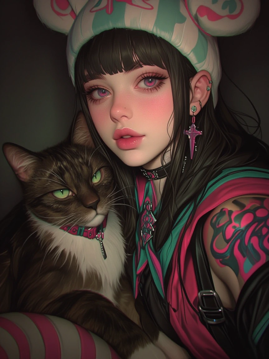 Colorful Psychedelic girl, cat nearby
