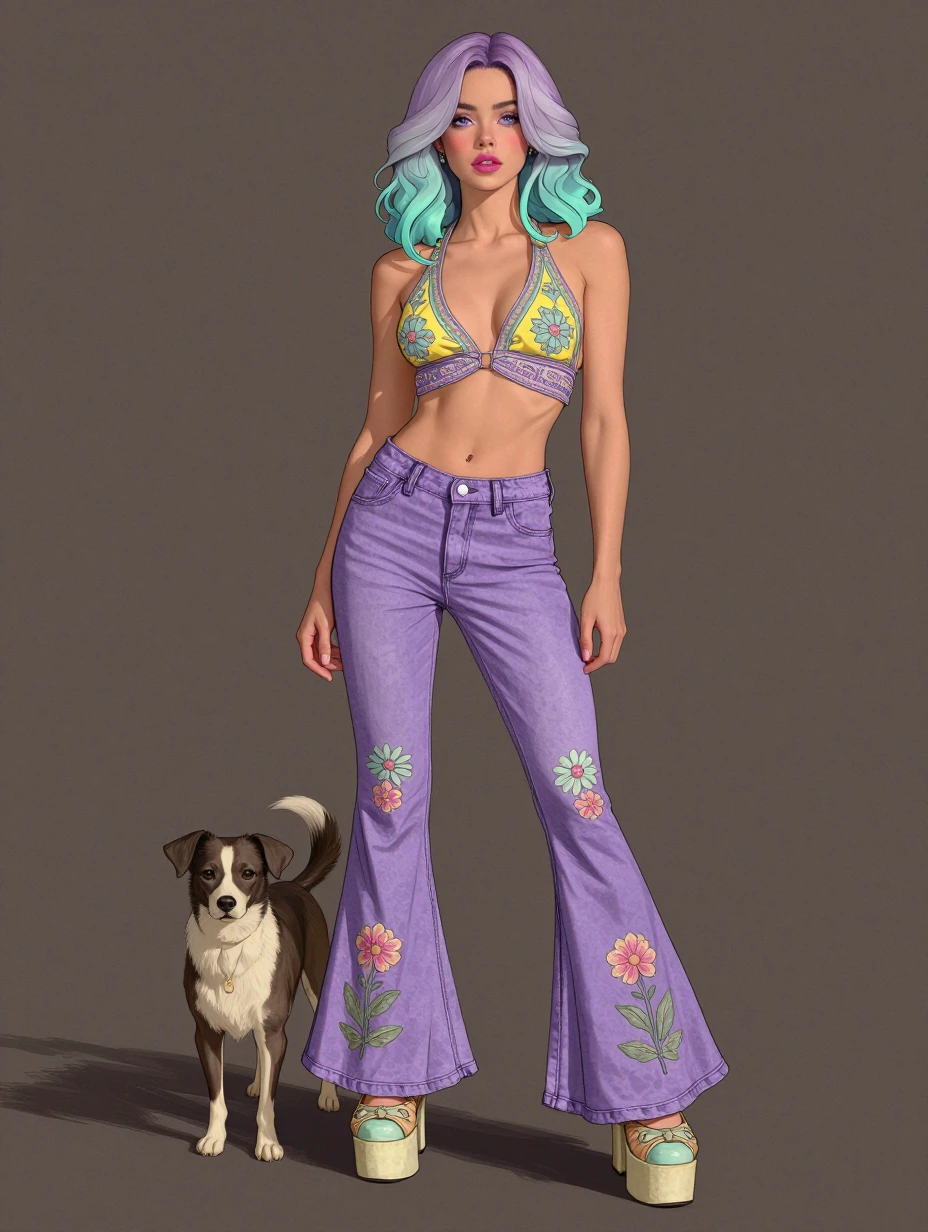 Beautiful woman, lavender eyes, lavender, yellow, aqua, hombre hair, wearing lavender acid washed bellbottoms with embroidered flower on the legs, and platform shoes with an embroidered halter top. There is a dog nearby. Ink outlined photograph.