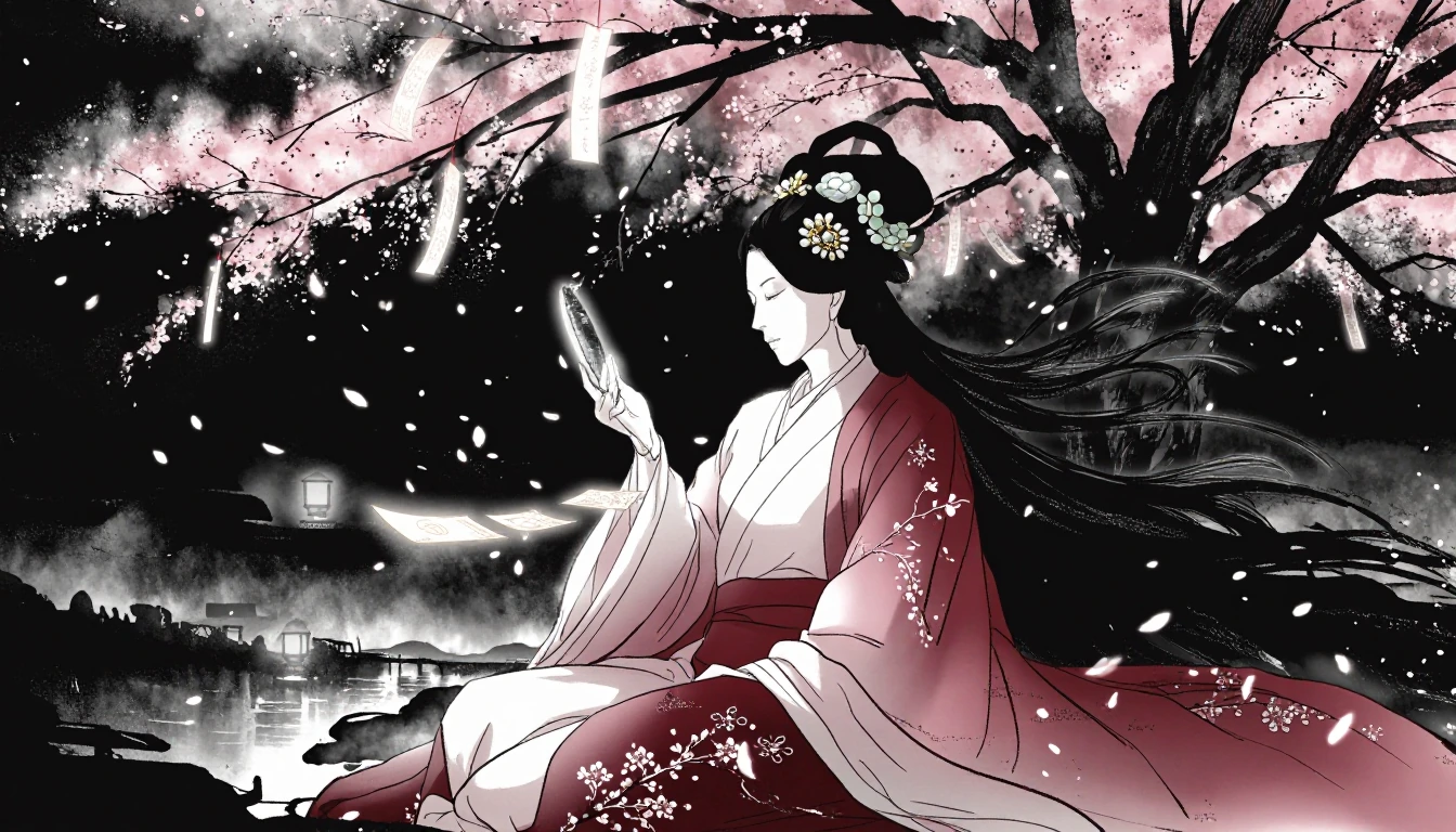 A mystical oracle seated beneath a vast blooming cherry blossom tree at twilight, surrounded by drifting pink petals and luminous paper talismans floa