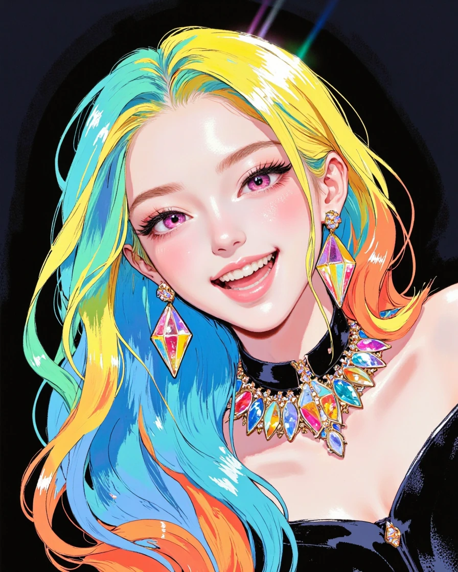 Vibrant high-contrast anime/manga illustration, close-up portrait of a cheerful woman with long flowing multicolored rainbow-gradient hair (blue to green to yellow to orange) cascading over her shoulders, large expressive sparkling eyes with pink and